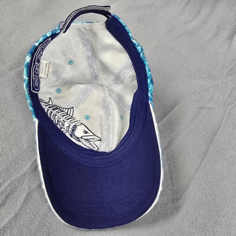 Get Reel Get Fish Blue Water Ripple Print Fish Skeleton Baseball Hat OSFM - Picture 7 of 9
